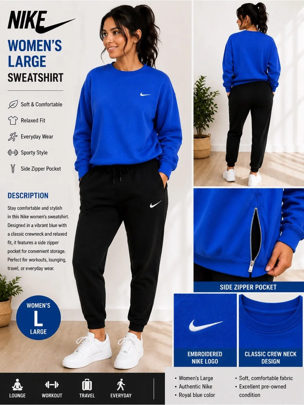 Nike Women's Royal Blue Crewneck Sweatshirt with black joggers outfit